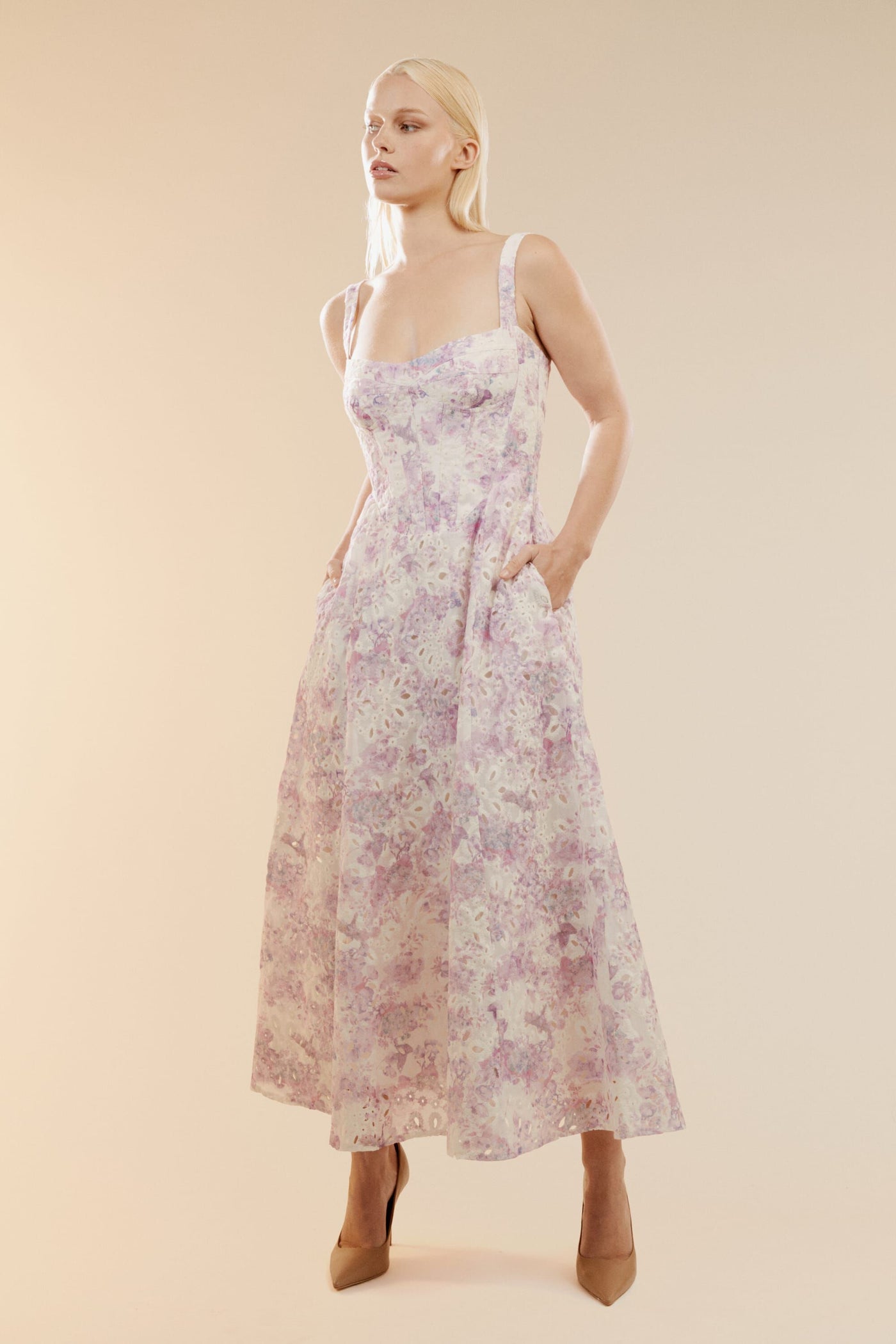 Adaline Broderie Midi Dress - Lilac Floral