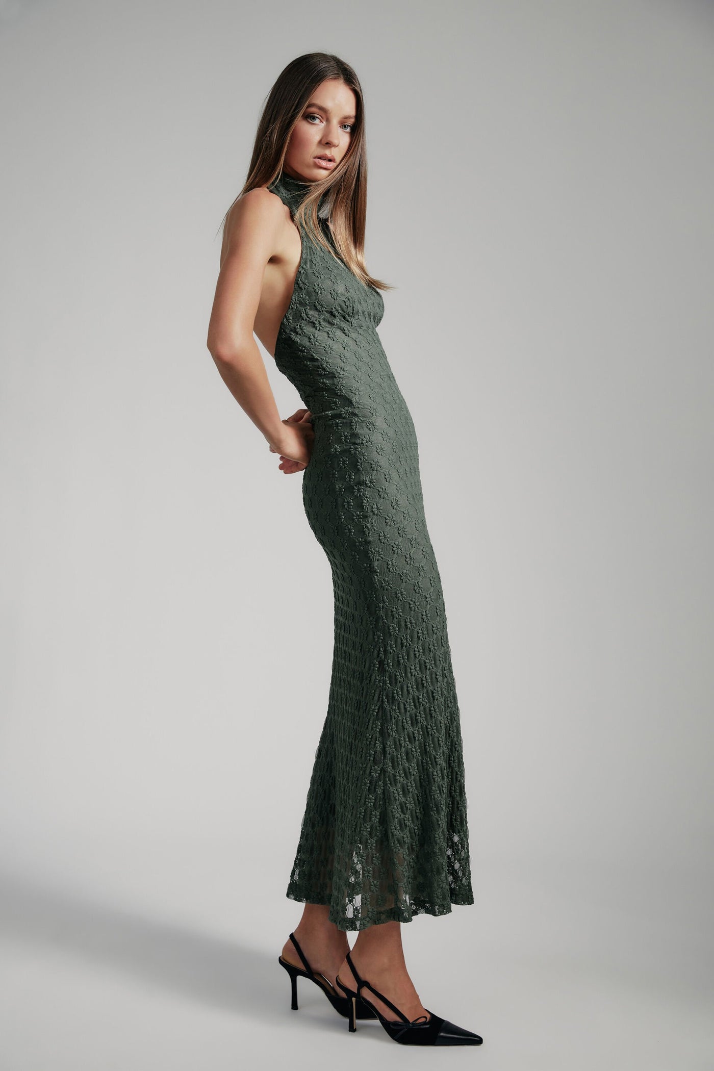 Adoni Ola Lace Midi Dress - Khaki