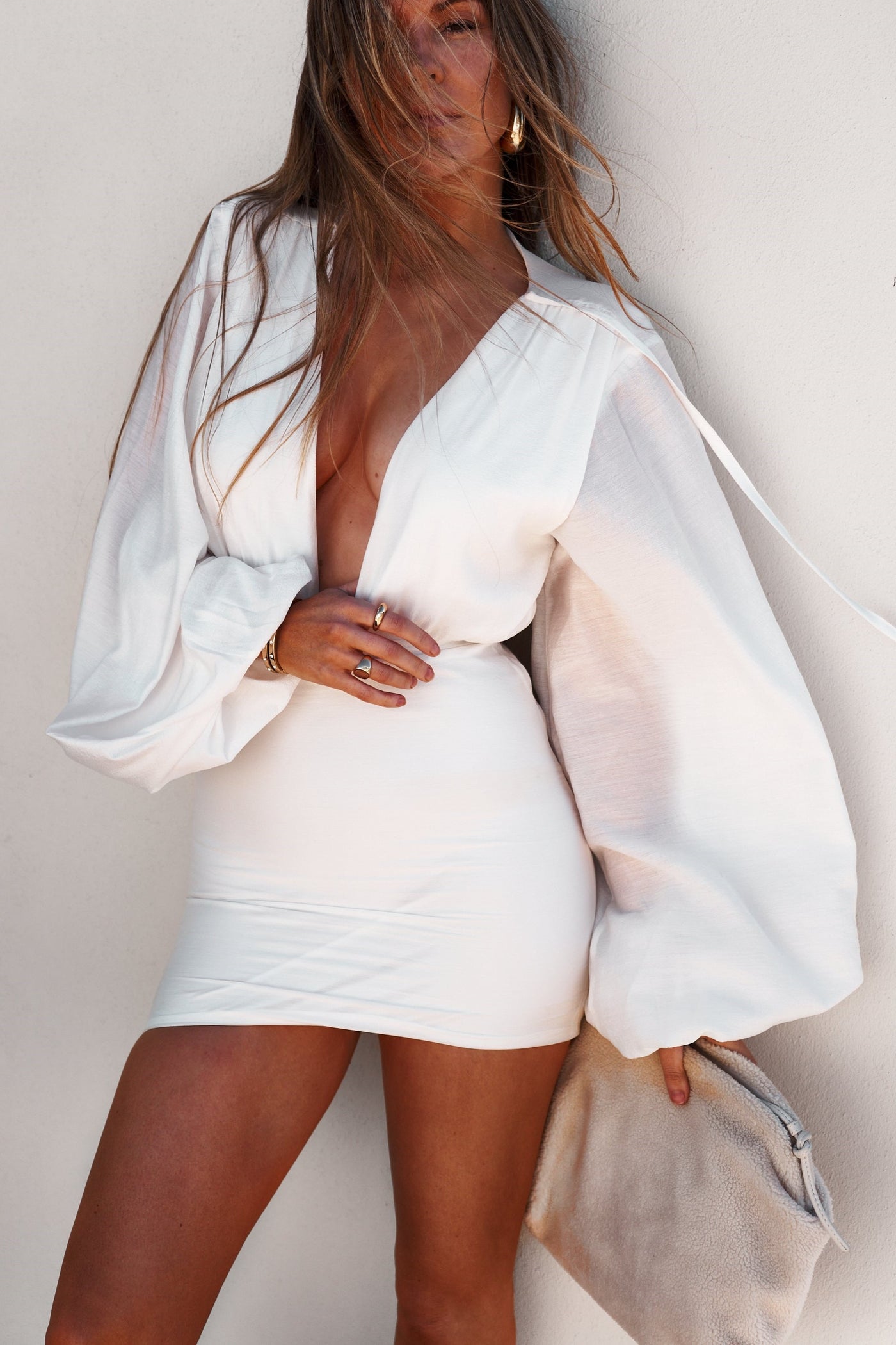 Plunge Mini Dress - White