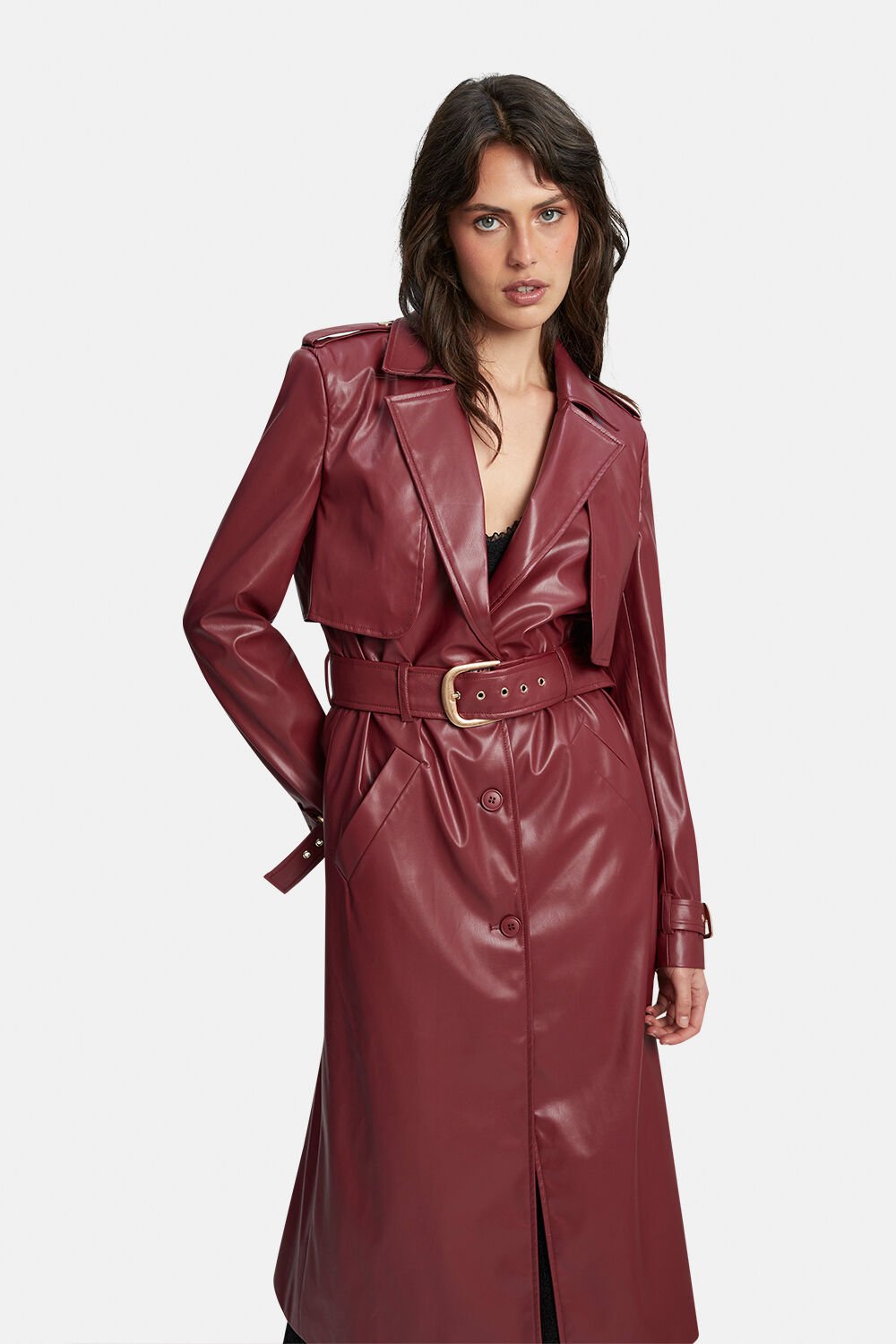 Burgundy leather hot sale trench coat