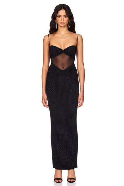 Nookie Crystal Mesh Maxi Dress - Black