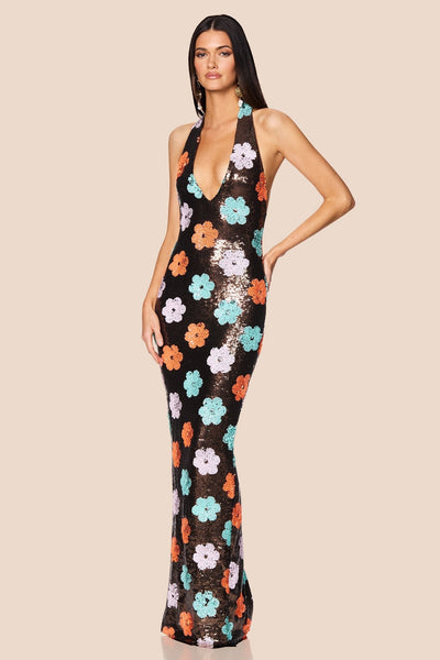 Nookie Sienna Halter Gown - Floral Sequin